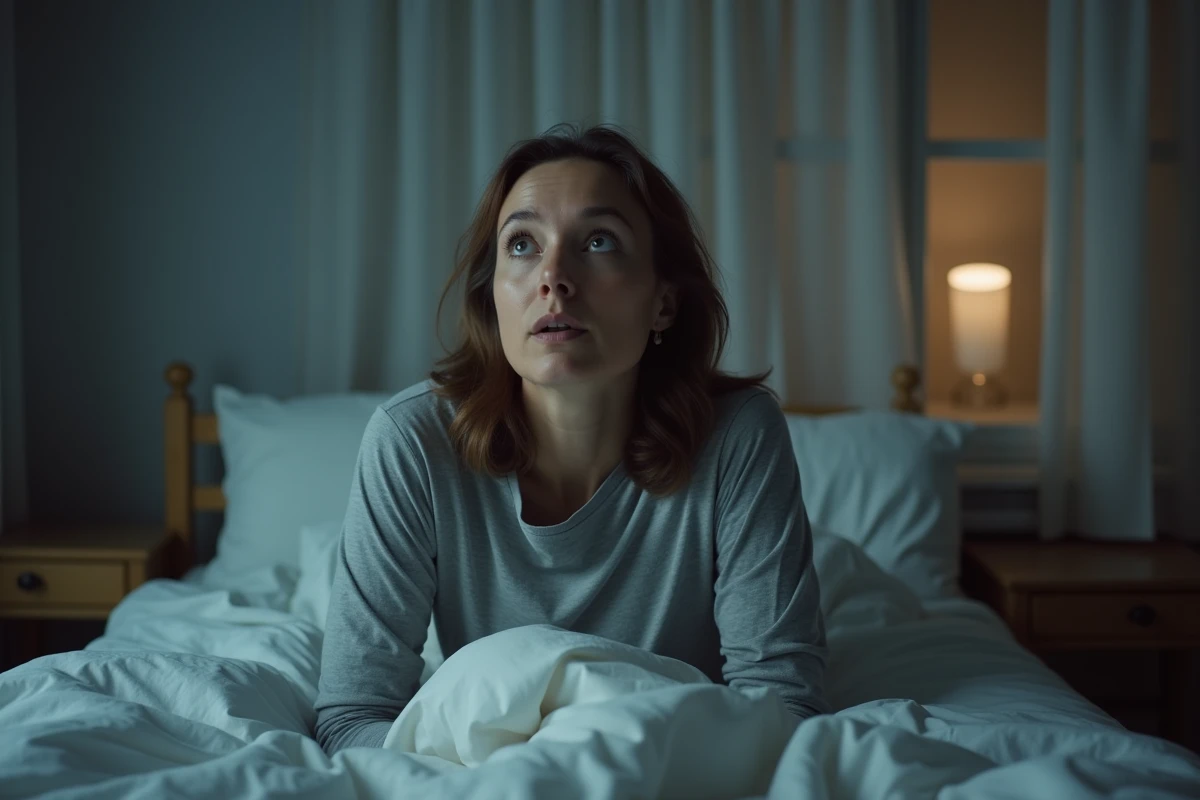 Femme réveillée la nuit par un bruit effrayant venant de l'extérieur, assise dans son lit avec une expression de surprise