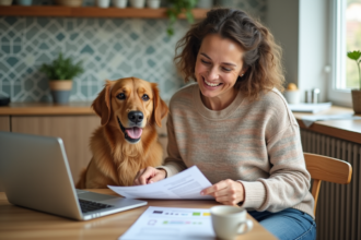 Femme souriante vérifiant documents d'assurance pour animal