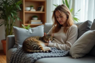 Femme assise sur un canapé regardant son chat