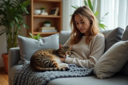 Femme assise sur un canapé regardant son chat