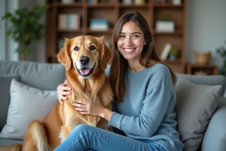 Jeune femme souriante avec chien golden retriever dans un salon