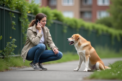 Femme en jeans appelle un chien dans un parc suburbain