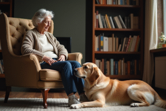 Femme âgée avec chien golden retriever dans un salon cosy