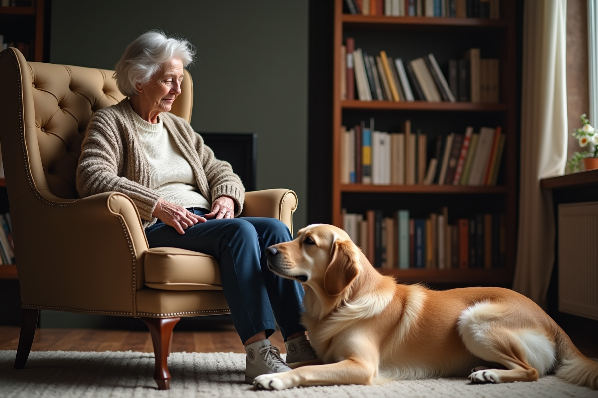 Femme âgée avec chien golden retriever dans un salon cosy