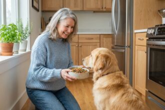 Femme souriante offrant de la nourriture saine à son chien dans la cuisine