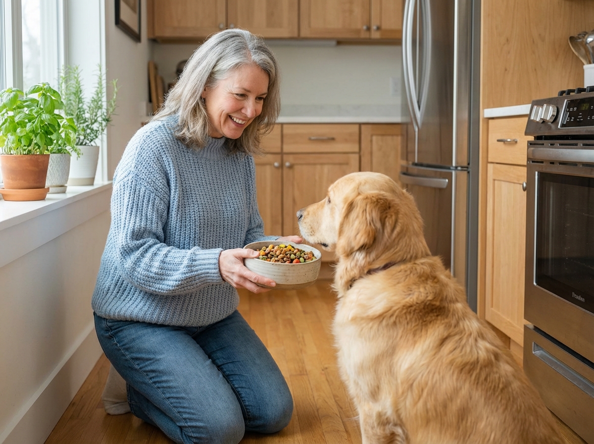 Femme souriante offrant de la nourriture saine à son chien dans la cuisine