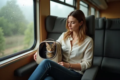 Femme voyageant en train avec son chat dans un sac de transport, regardant par la fenêtre