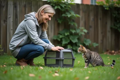 Femme posant une trappe à chat dans un jardin urbain