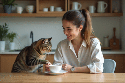 Femme offrant du yogourt à un chat curieux dans la cuisine