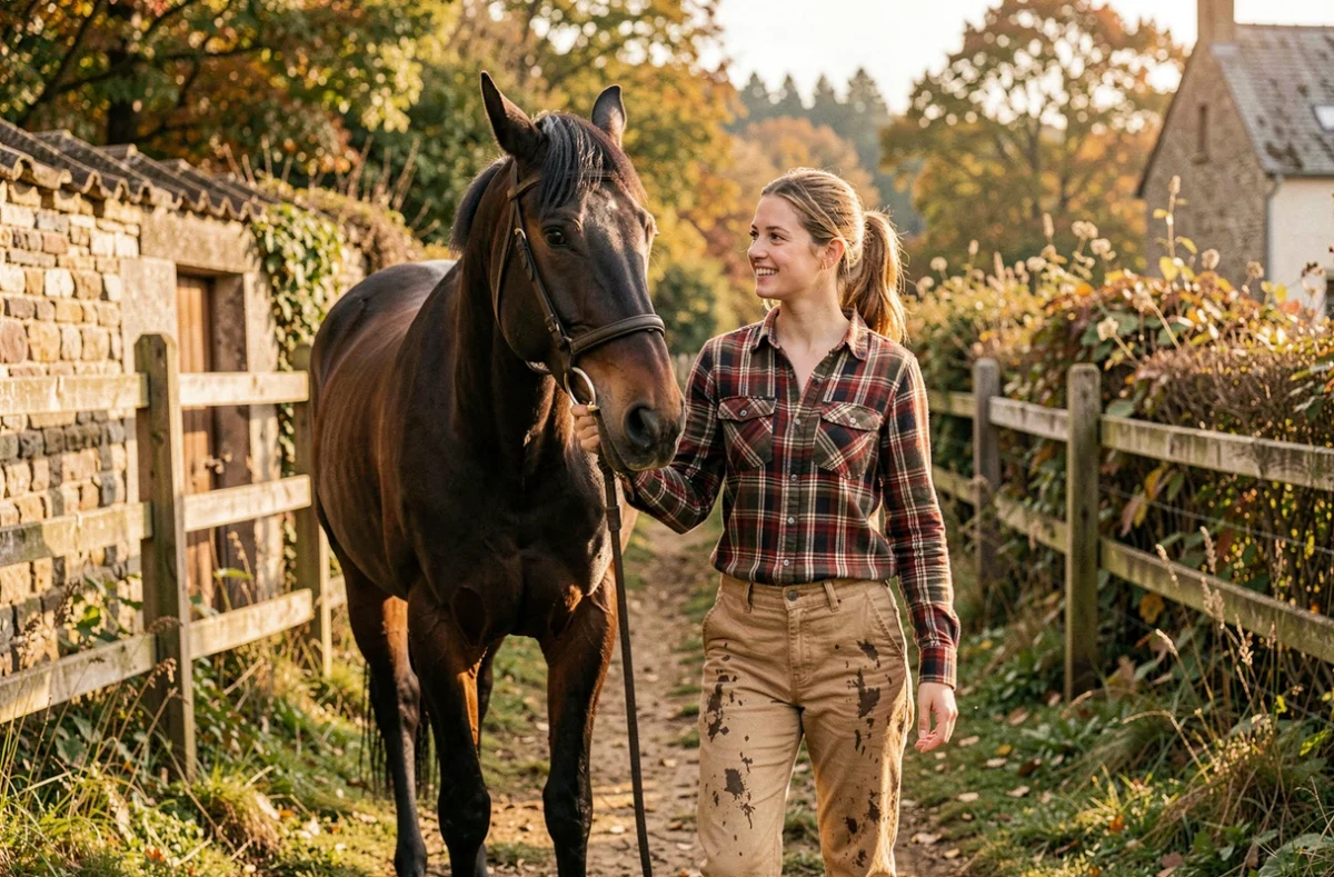 Jeune femme conduisant un cheval bai dans la cour d'une ferme équestre ardennaise à la Ferme Équestre de la Chenaie à Givonne