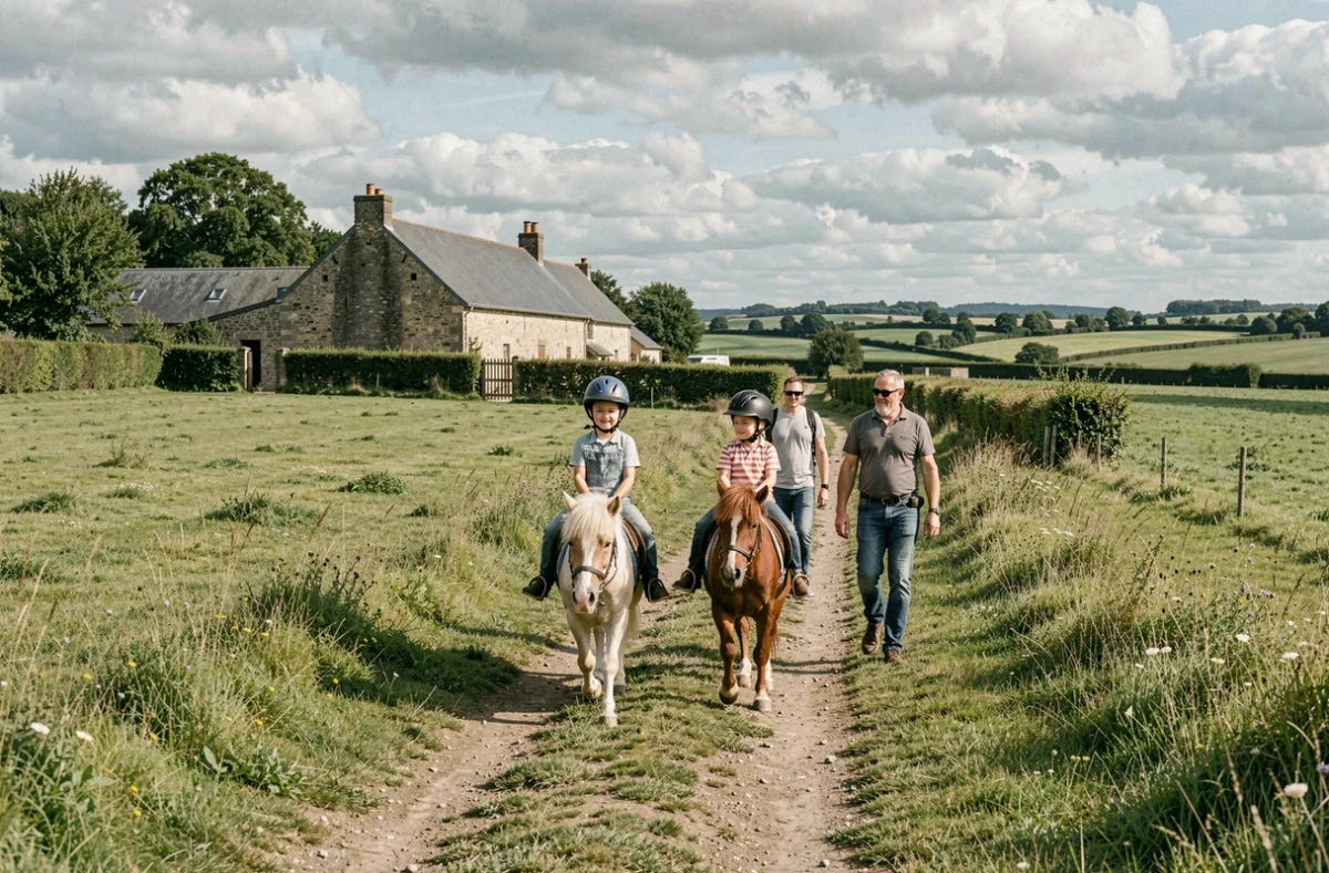 Famille participant à une balade en poney dans les prairies ardennaises de la Ferme Équestre de la Croix Colas à Signy-le-Petit