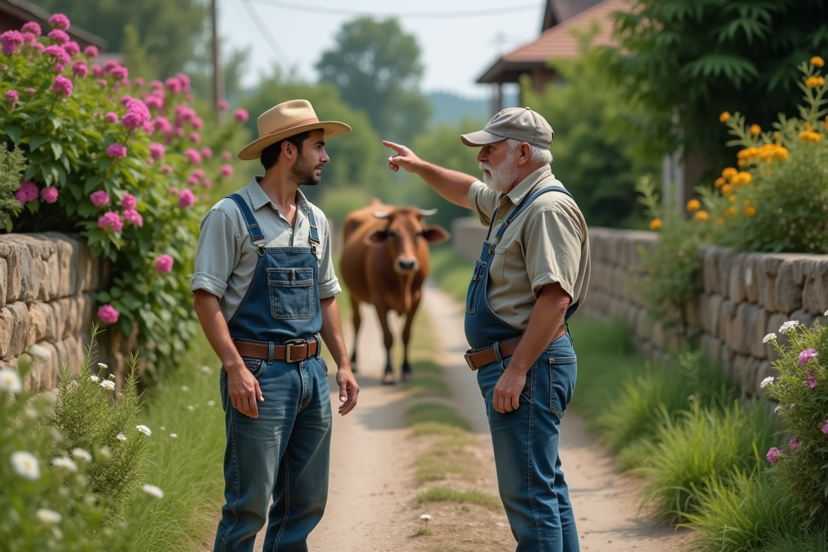 Jeune fermier surpris face à une vache dans le jardin