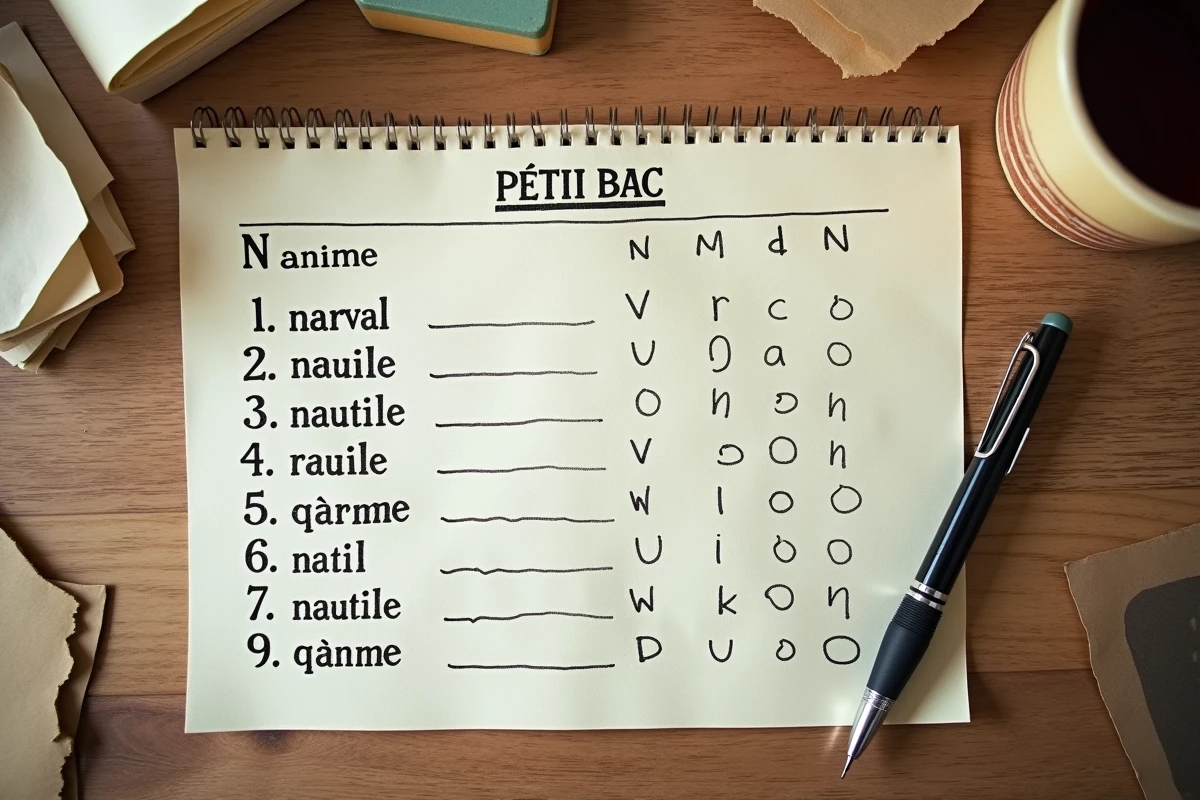 Feuille de jeu petit bac en gros plan avec la catégorie animal lettre N remplie à la main, stylo posé dessus