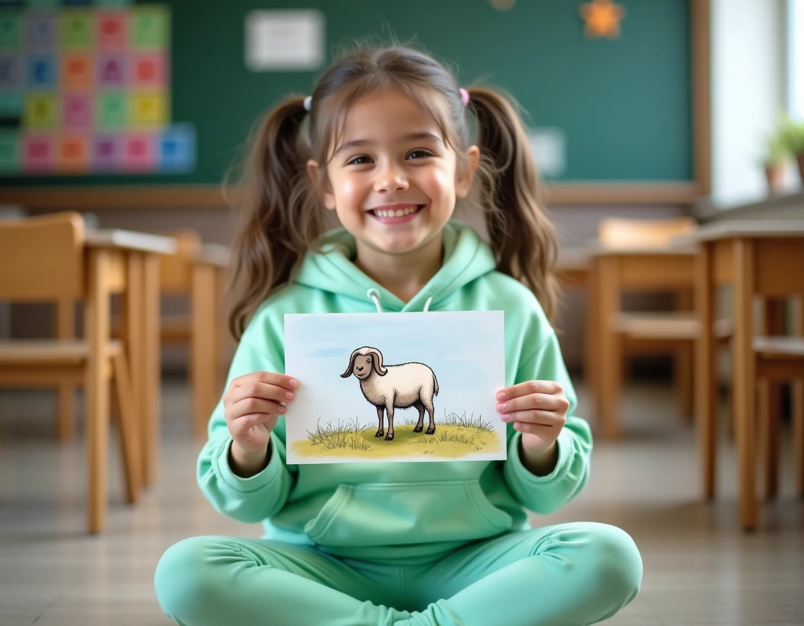 Fillette souriante tenant une carte illustrée d'un animal en U dans une salle de classe colorée