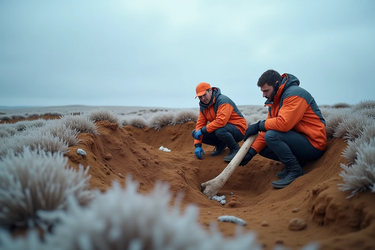 Chercheurs sur un site de fouilles en pergélisol découvrant des ossements de mammouth dans la toundra arctique