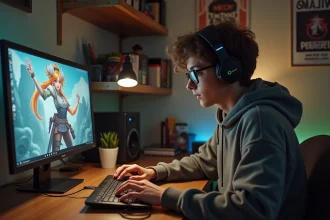 Jeune homme gamer jouant à Dofus 3 dans sa chambre cosy