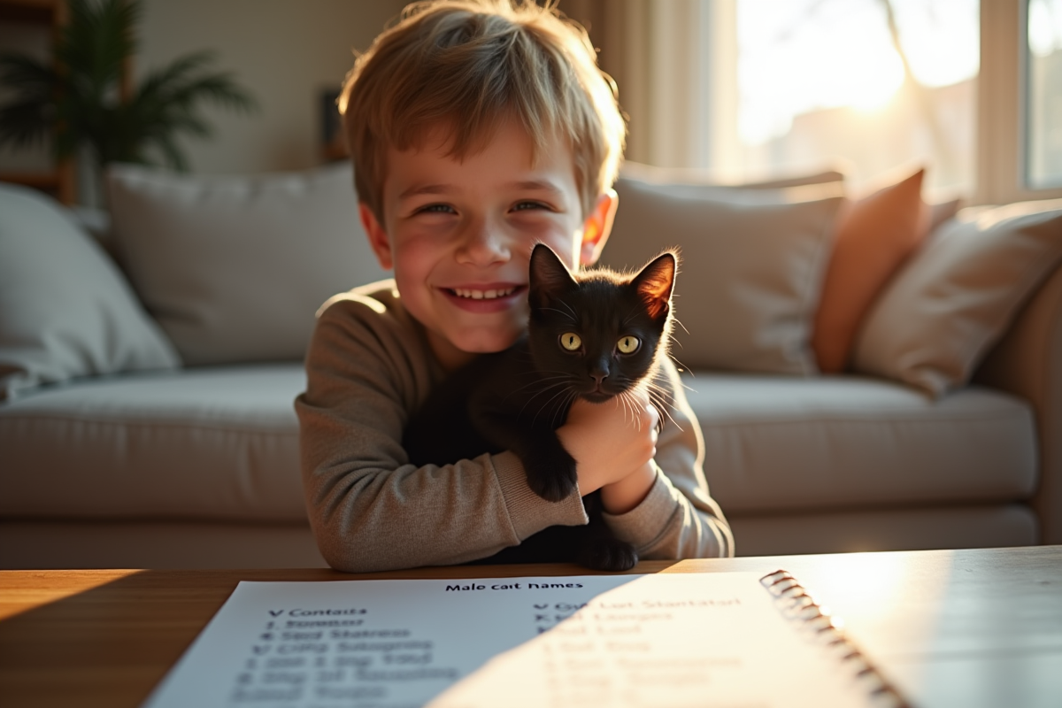 Jeune garçon tenant un chat noir dans un salon lumineux