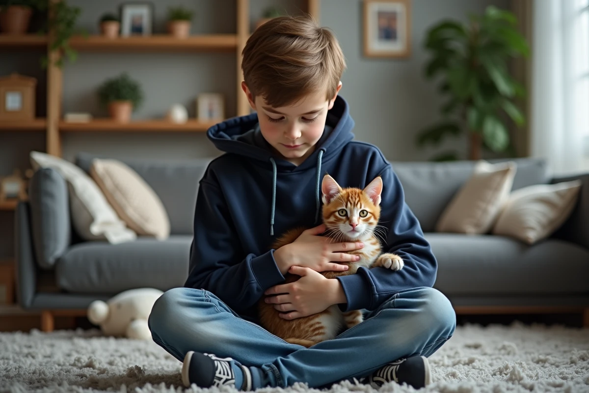 Adolescent tenant un chaton dans un salon chaleureux