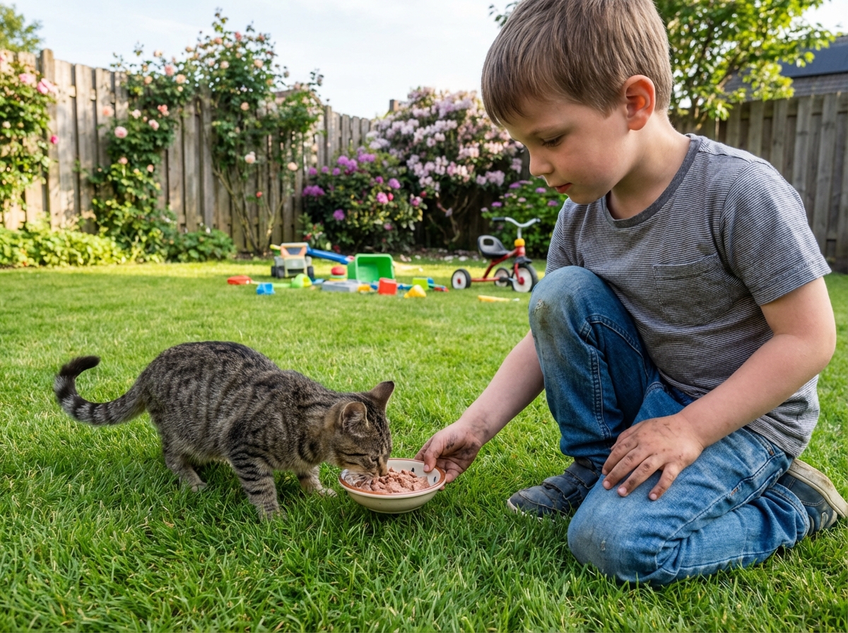 Garçon nourrissant un chat dans le jardin en plein air