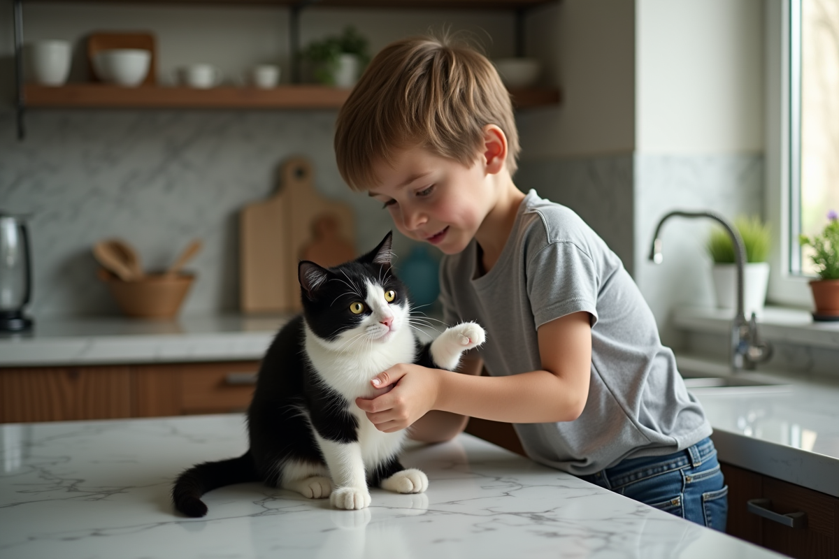 Adolescent liftant la patte de son chat noir et blanc à la cuisine