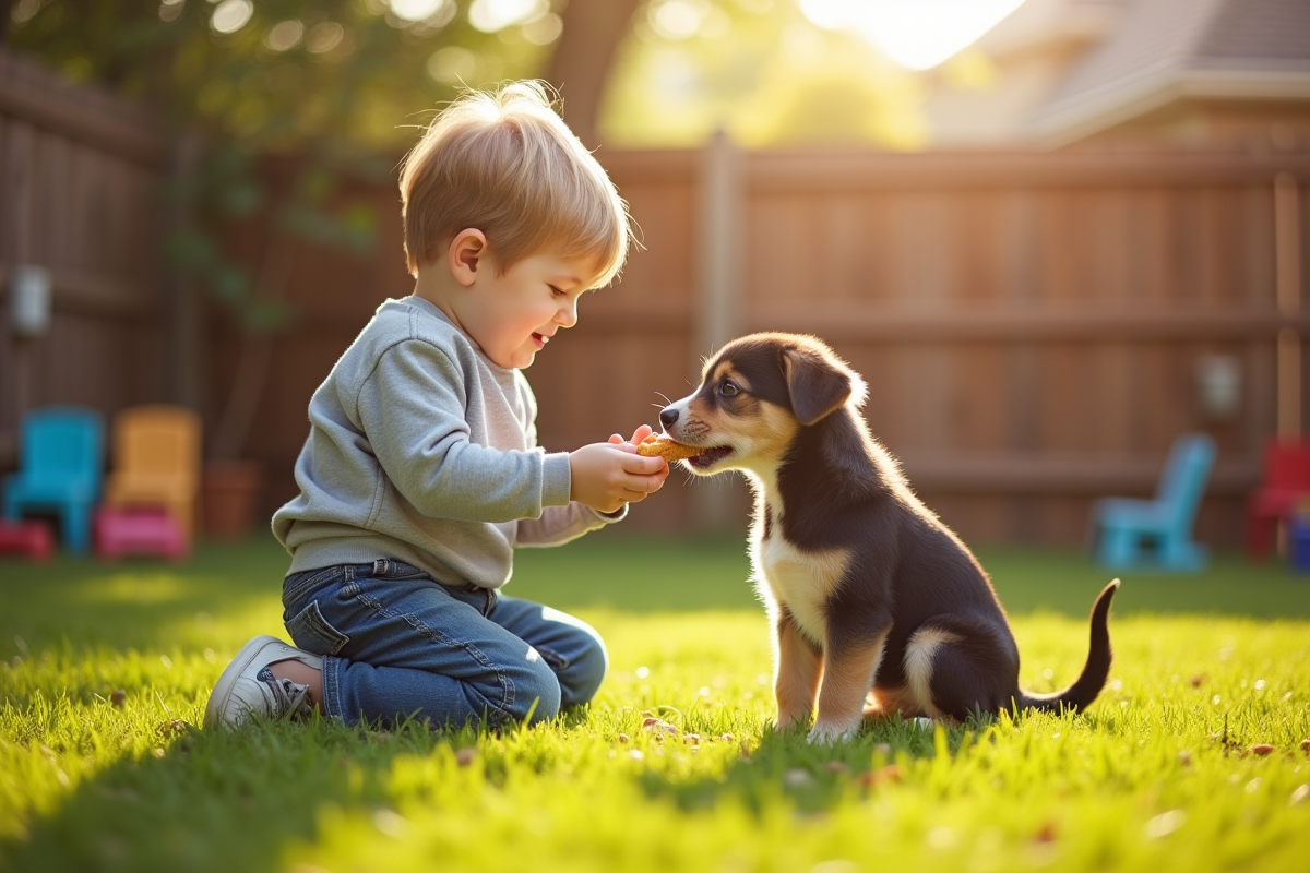 Garçon offrant une friandise à un chiot dans le jardin
