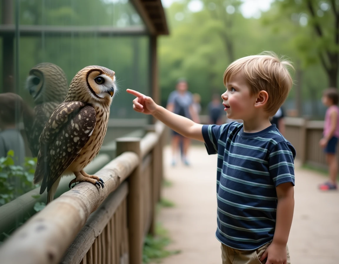 Garçon émerveillé pointant un hibou des Oural au zoo, animal en U pour enfant