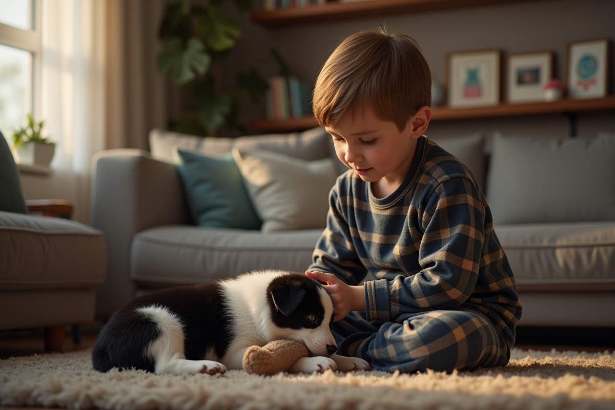 Jeune garçon caressant un chiot noir et blanc sur ses genoux