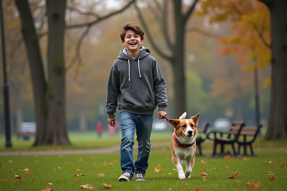Adolescent riant en promenant un chien dans un parc urbain