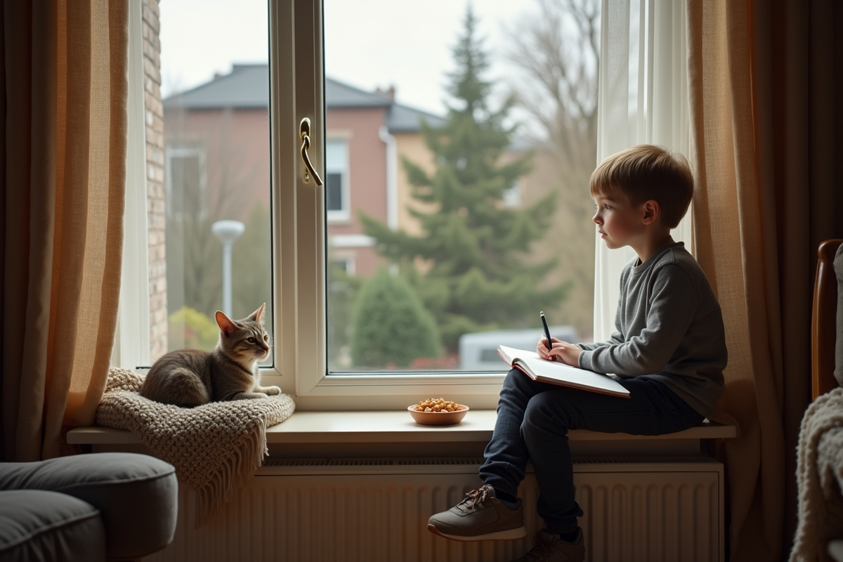 Jeune garçon regarde par la fenêtre avec un regard nostalgique