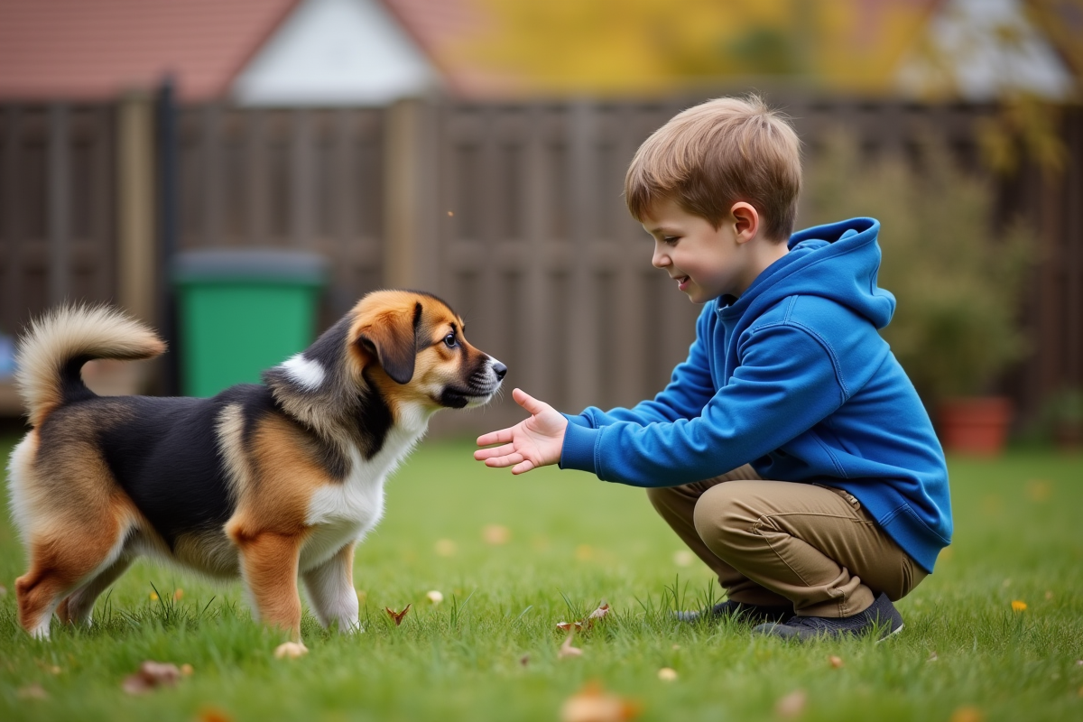 Garçon saluant un chien dans un jardin en automne