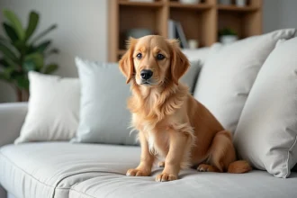 Golden retriever miniature assis sur un canapé gris dans un appartement moderne et lumineux