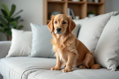 Golden retriever miniature assis sur un canapé gris dans un appartement moderne et lumineux