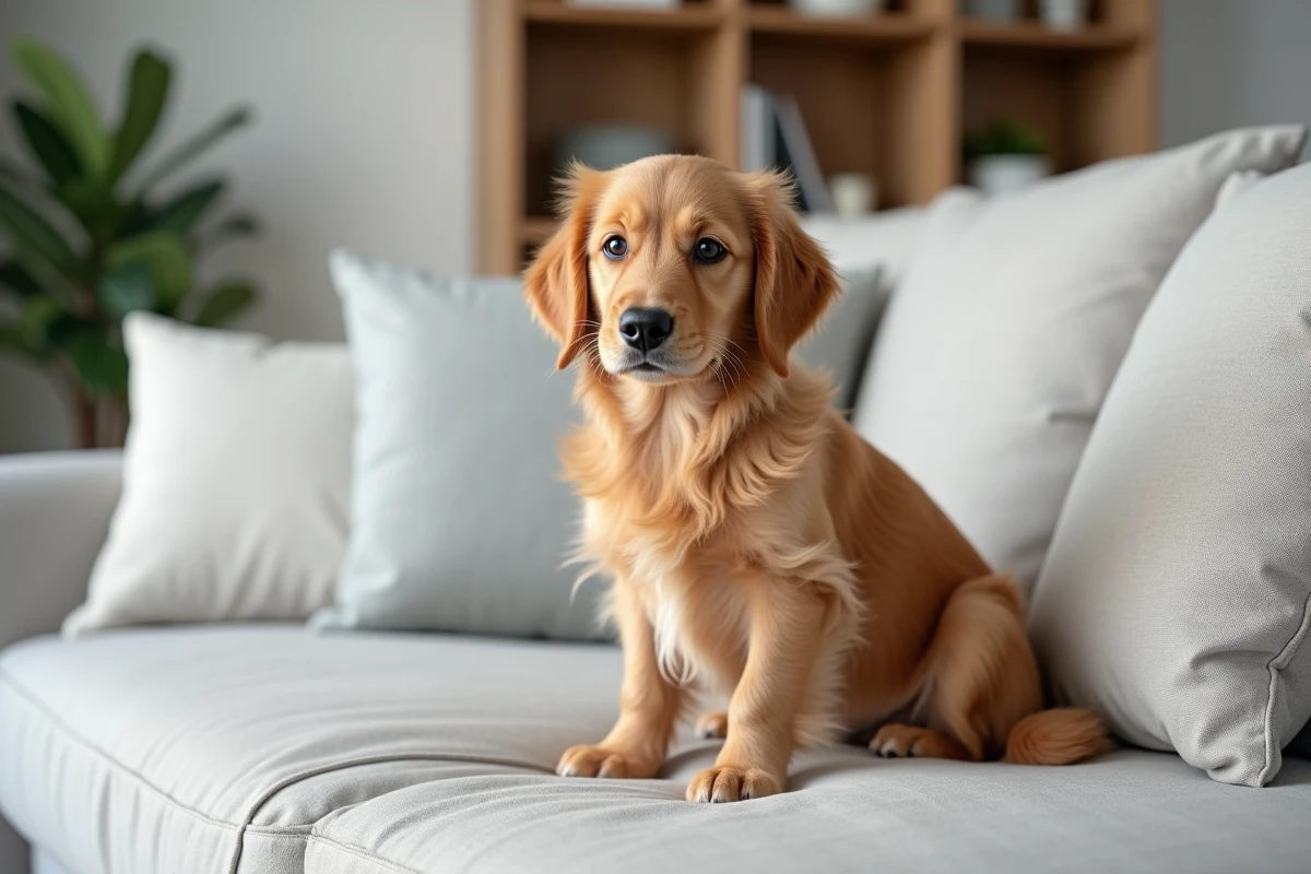 Golden retriever miniature assis sur un canapé gris dans un appartement moderne et lumineux