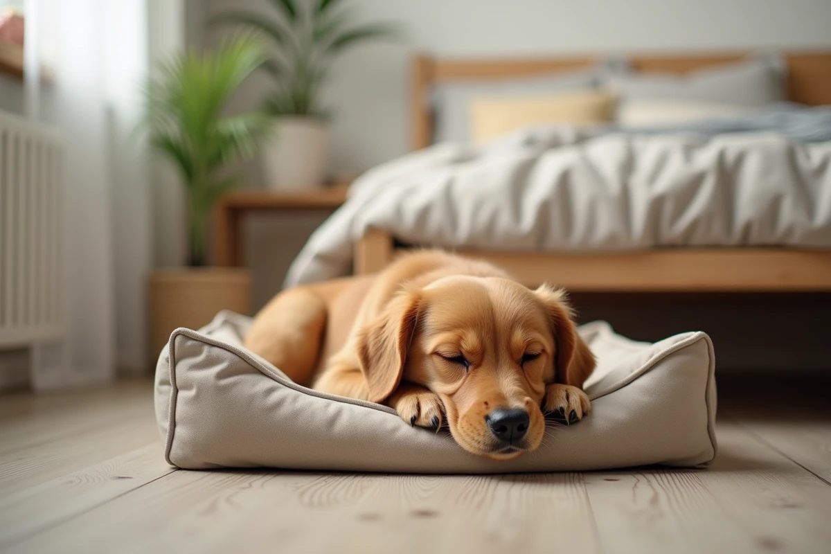 Golden retriever miniature allongé sur son coussin dans une chambre d'appartement compact