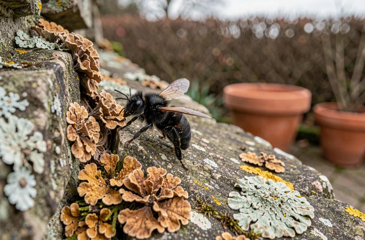 Grande abeille noire solitaire explorant une fissure dans un vieux mur en pierre recouvert de lichen au printemps
