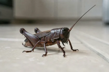 Grillon brun sur carrelage de cuisine, souvent confondu avec un cafard en raison de sa morphologie similaire