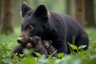 Grison adulte portant ses trois jeunes dans la forêt
