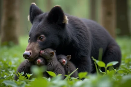 Grison adulte portant ses trois jeunes dans la forêt