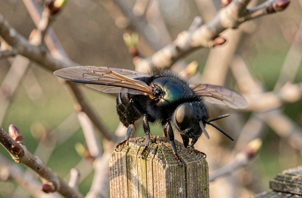 Gros insecte noir volant posé sur une clôture en bois au début du printemps, ailes déployées révélant des détails de nervures