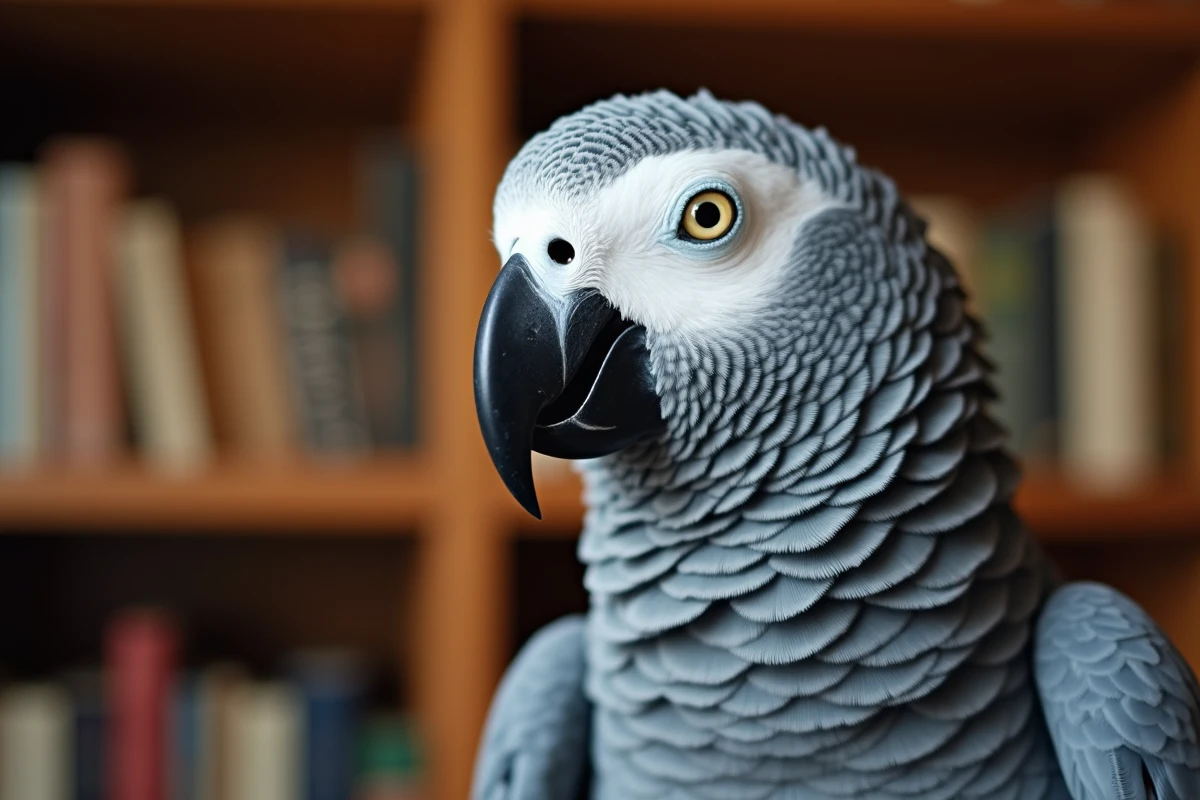 Portrait en gros plan d'un gris du Gabon montrant le détail des plumes gris bleuté et l'œil jaune expressif caractéristique de l'espèce