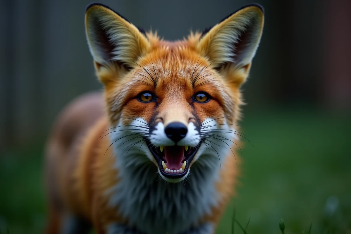 Gros plan du visage d'un renard roux en train de pousser son cri caractéristique la nuit dans un jardin urbain