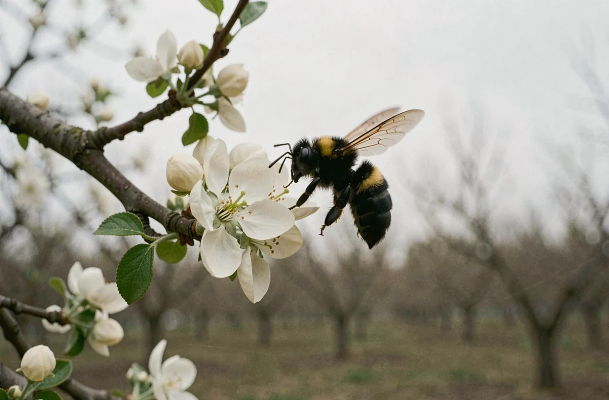 Grosse abeille noire en vol au-dessus de fleurs de pommier au début du printemps dans un verger
