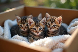 Petits chatons blottis dans une boîte en extérieur