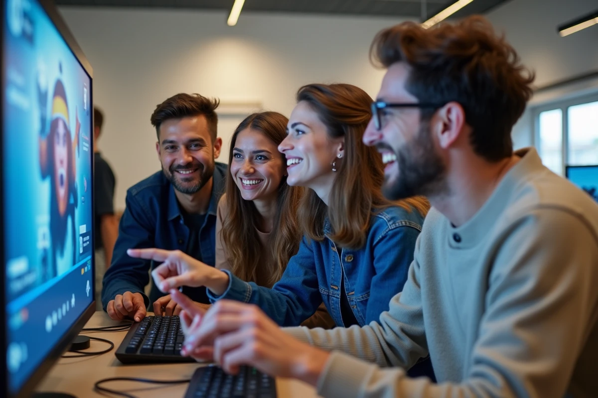 Groupe de jeunes adultes découvrant les fonctionnalités de chat, jeux et communauté sur aplouf.com dans un espace de coworking