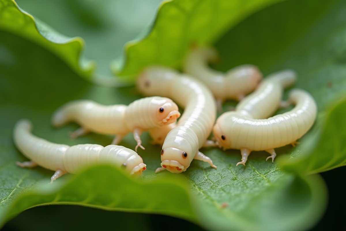 Groupe de ver mites blancs sur feuilles vertes