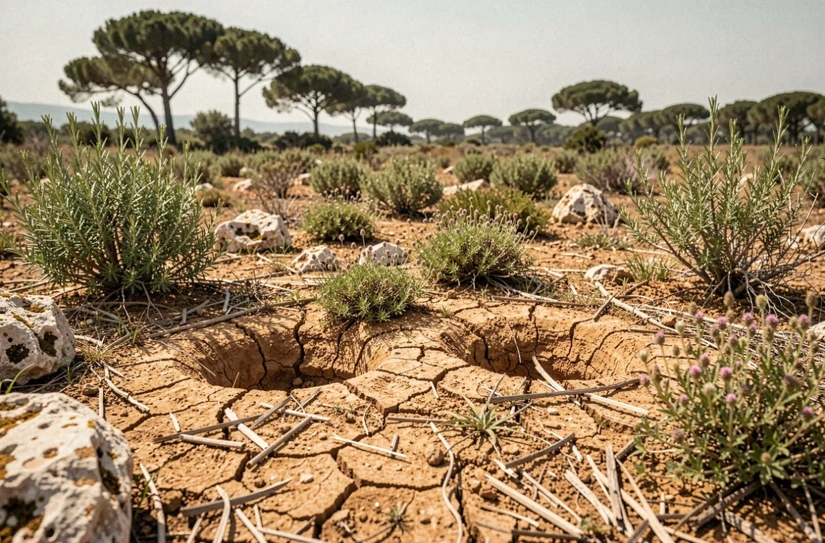 Habitat naturel de la mygale de Provence dans la garrigue provençale avec terriers visibles dans un sol aride