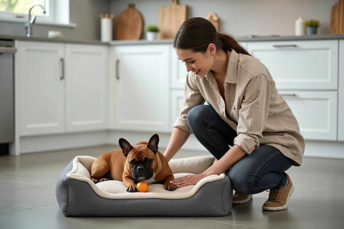Femme accroupie encourageant son bouledogue français à explorer un panier robuste résistant aux morsures dans une cuisine moderne