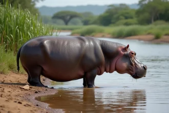 Hippopotame adulte partiellement immergé dans la rivière en savane africaine
