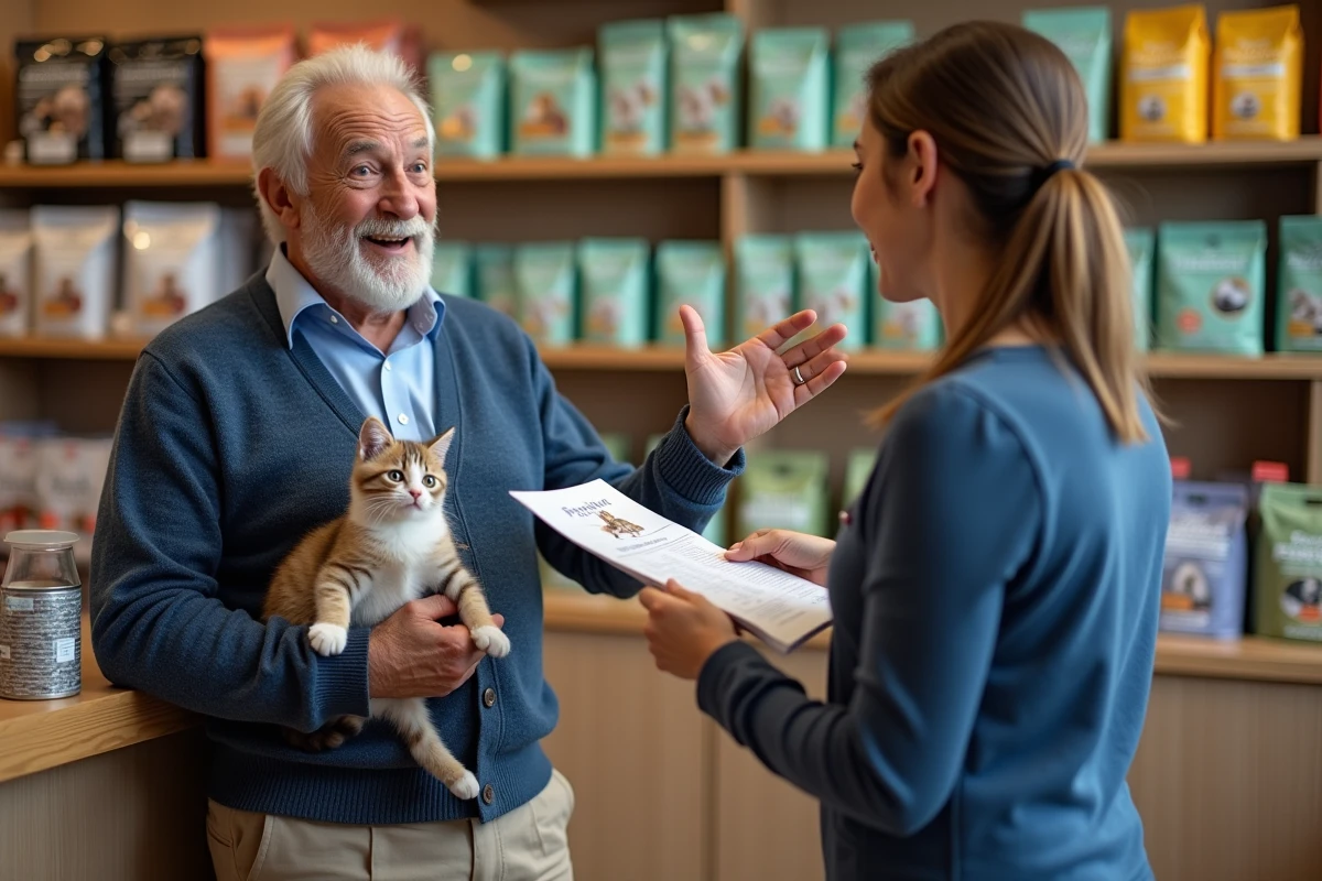 Homme âgé avec un chaton birman dans une animalerie