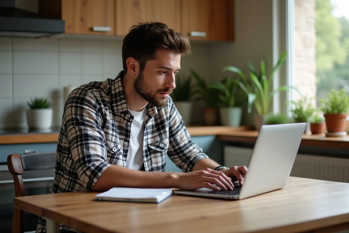 Jeune homme consulte site d adoption chien à la maison